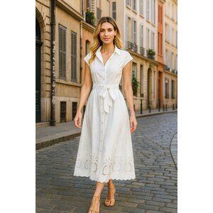 Ellen Tracy White Eyelet Midi Shirt Dress 100% Cotton Button Front Cap Sleeve L